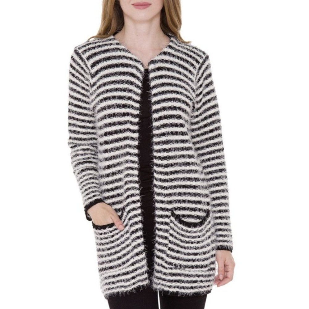 JANICE WOMENS BLACK/WHITE FURRY CLASSY SOFT CARDIGAN W/POCKETS - OS