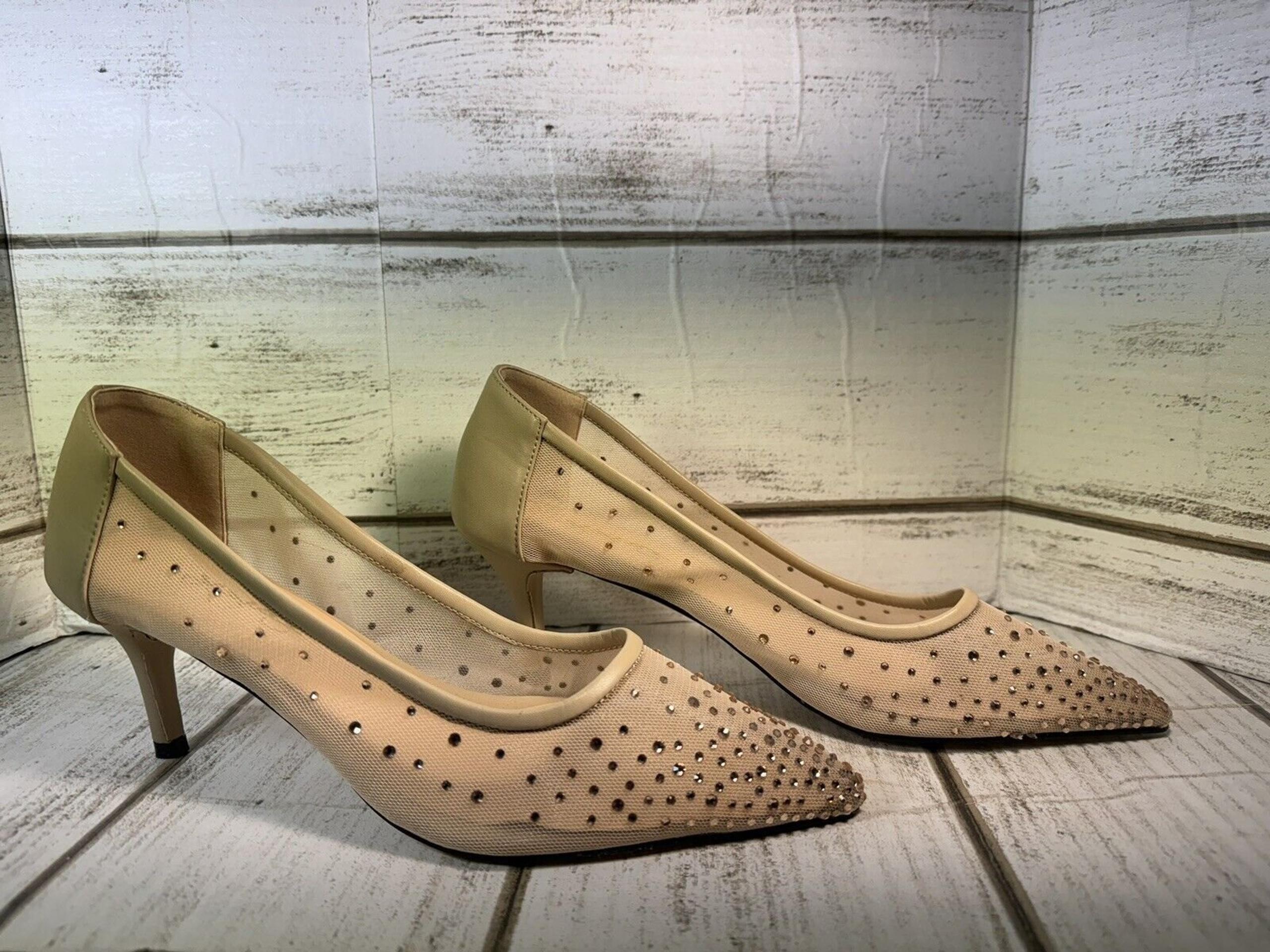 XYD Rhinestone Studded Stiletto High Herls Mesh Nude Taupe