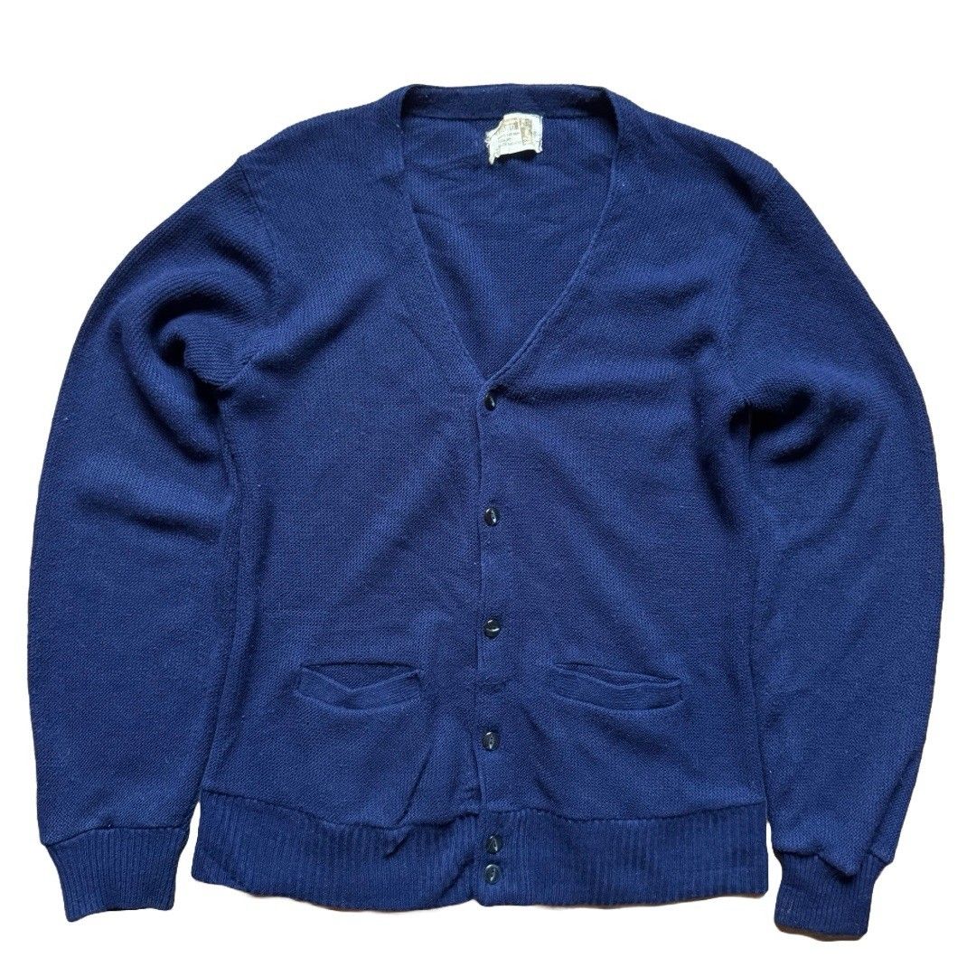 Vintage 70s Mens Size M Acrylic Cardigan Royal Blue Montgomery Ward Sweater