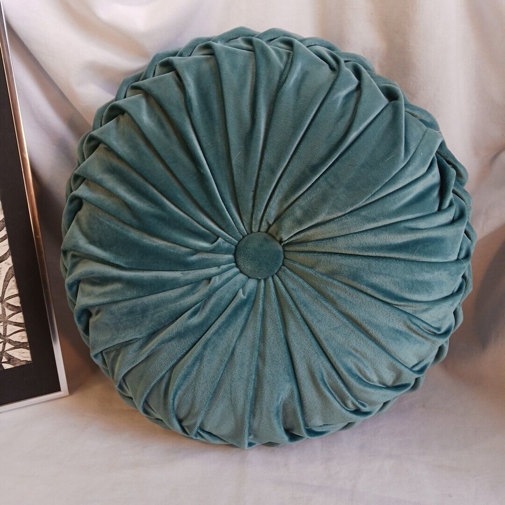 VTG TURQUOISE Velvet Tufted Throw Pillow Mid Century Modern 16 Retro MCM