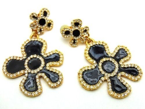 Big Daisy Earrings Clip Flower Rhinestone Crystal Disco Days 1980's Vtg BeadRage