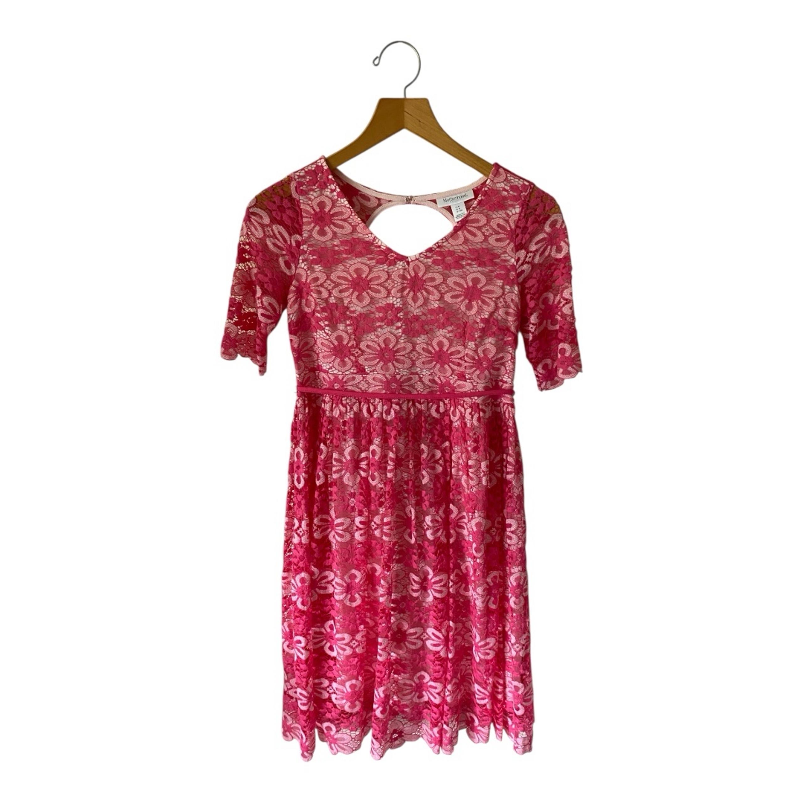 Motherhood Maternity Pink Floral Lace Scalloped Short Sleeve Lined Midi Dress S
