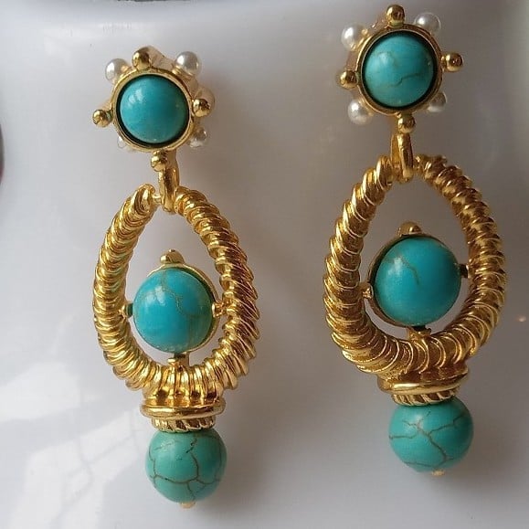 LB Jewelry TURQUOISE AND PEARL GOLD VERMEIL DANGLE EARRINGS 1.75”