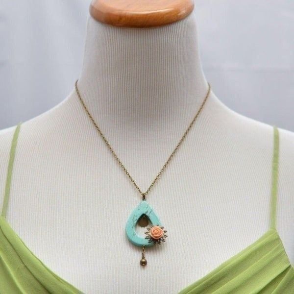 Turquoise Necklace with Pink Rose