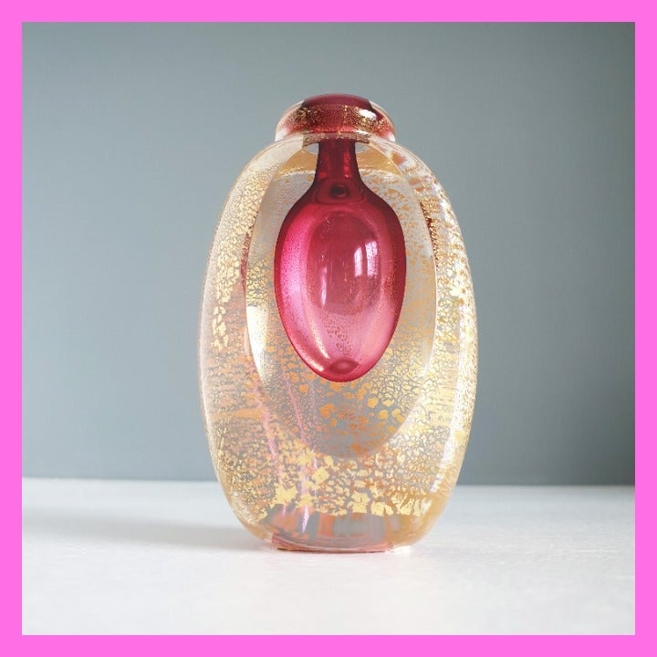 R. Gandelman Perfume Bottle Bud Vase Handblown Art Glass Sommerso Ruby Pink Gold