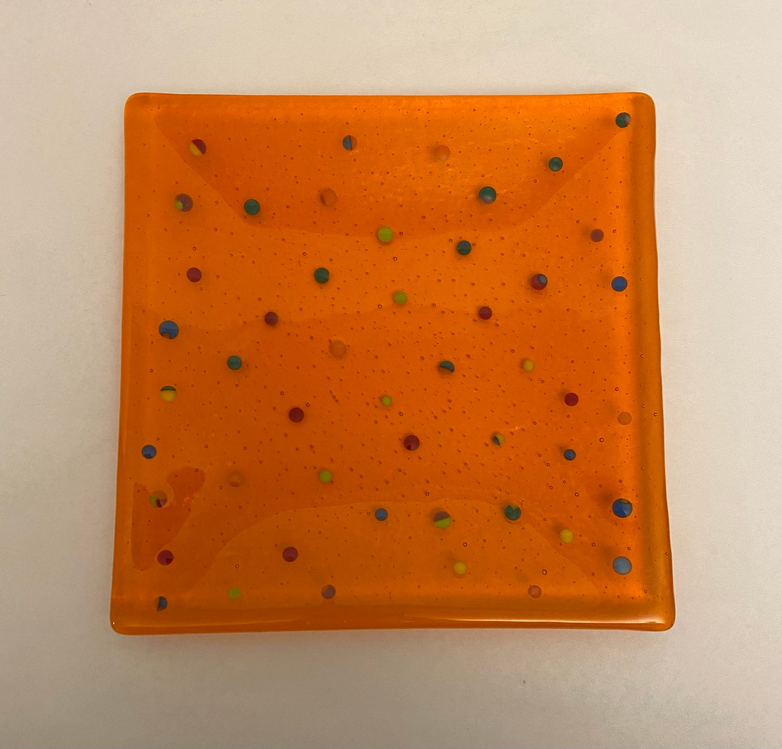 Vintage Anactacia Abstract Fused Art Glass Orange 9.75” Square Accent Plate.