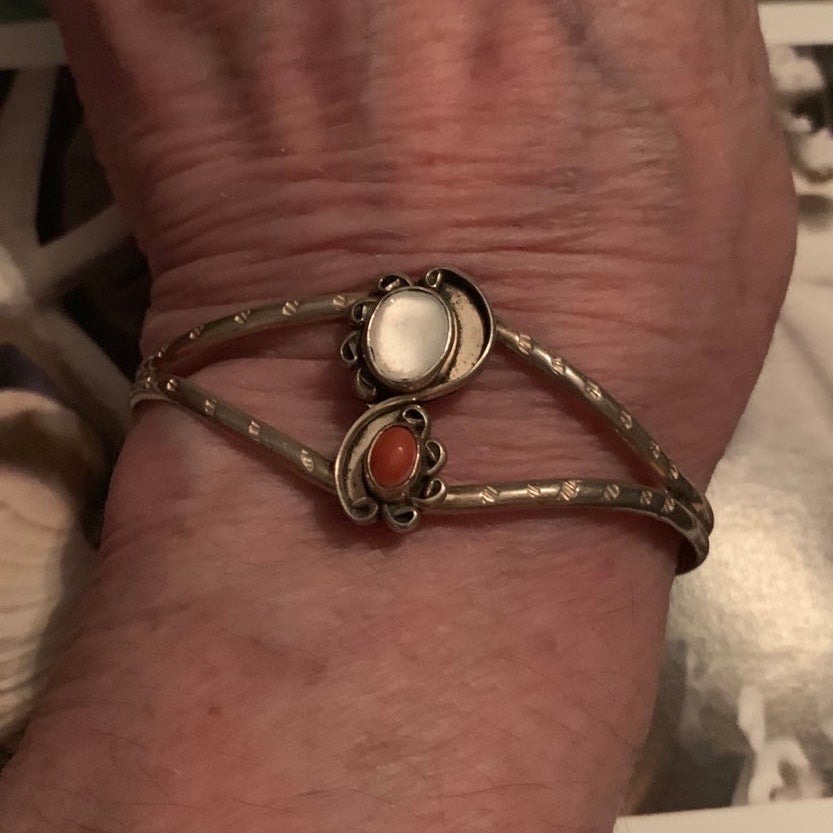 NATIVE/VINTAGE - Coral & MOP Sterling Silver Cuff Bracelet