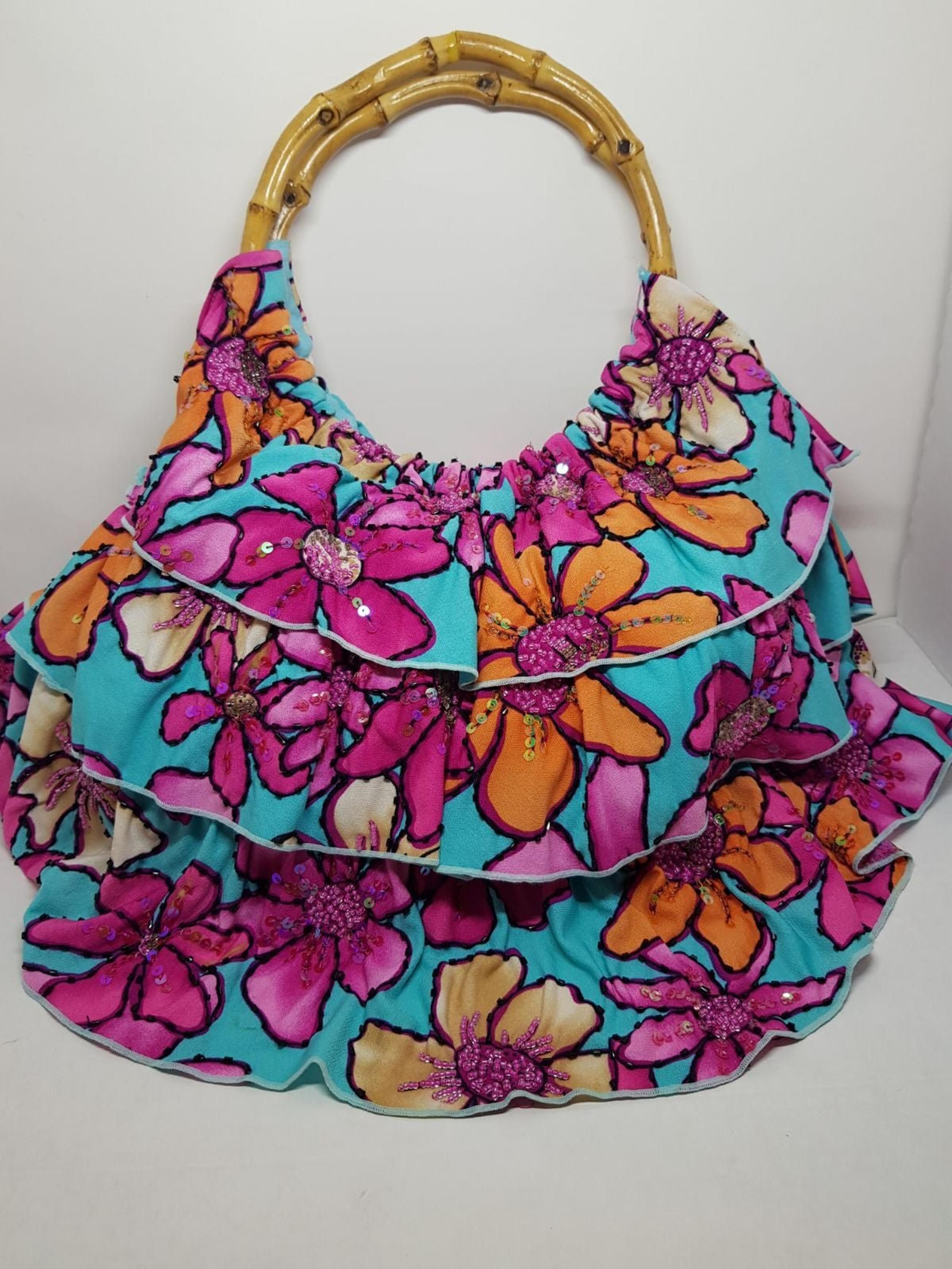 Mystique Cloth Floral/Aqua Sequin Beaded Tote Purse bamboo wood handles