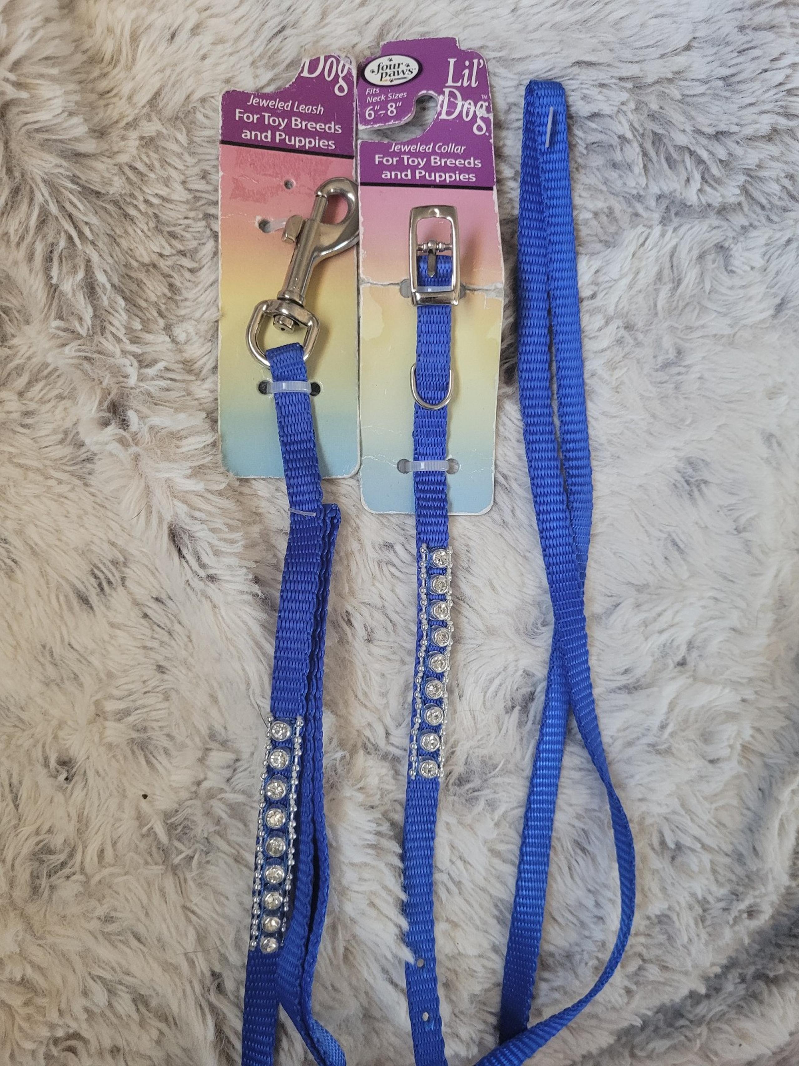 Four Paws Lil Dog BLUE Jeweled 6"-8" Metal Buckle  dog collar & 4' Leash set