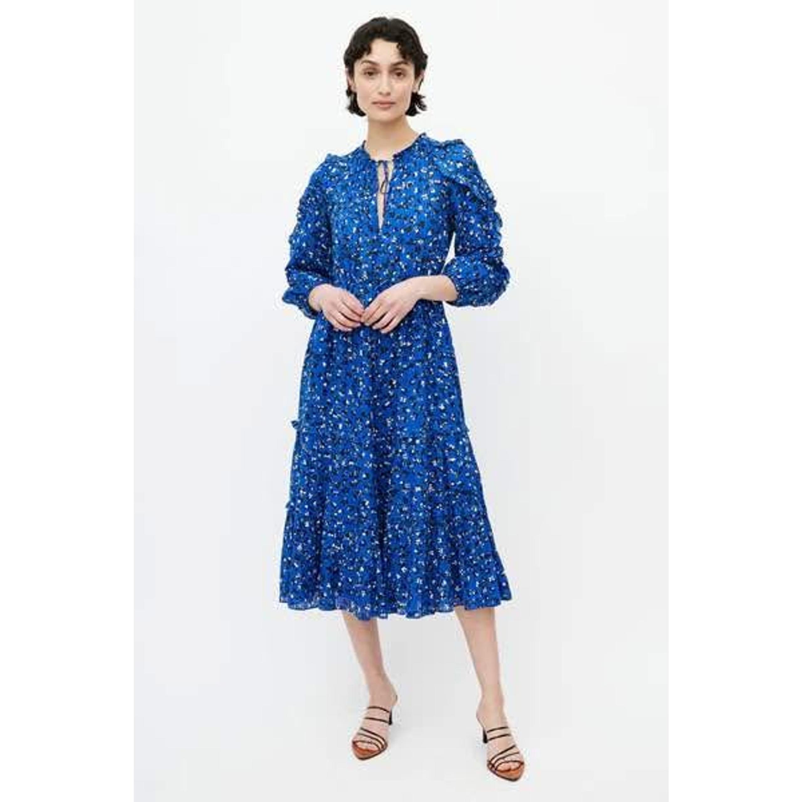 ULLA JOHNSON Women’s Size 2 Silk Blue & Multicolour Floral Ruffled Midi Dress