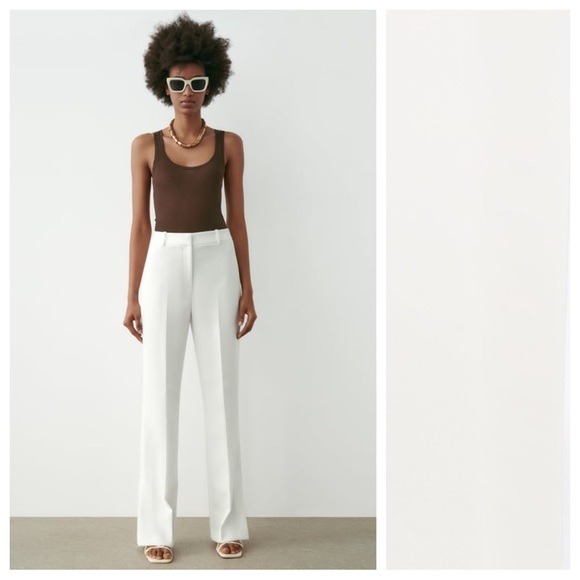 NWT. Zara White Viscose Blend Straight-Leg High-Waist Trousers. Size M.