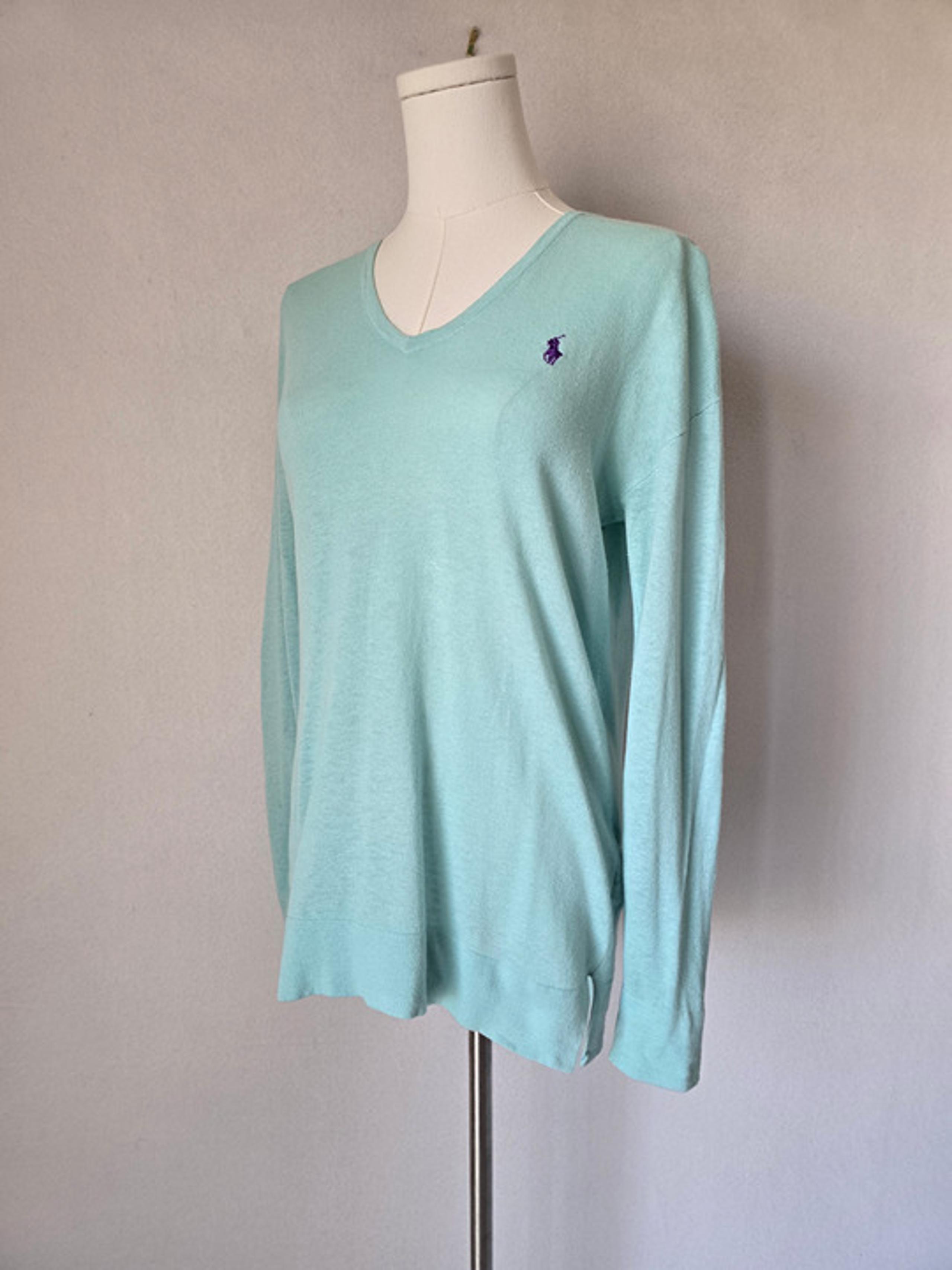 Polo Ralph Lauren Pony Linen Cotton Blend V-Neck Sweater Pale Blue Women's M