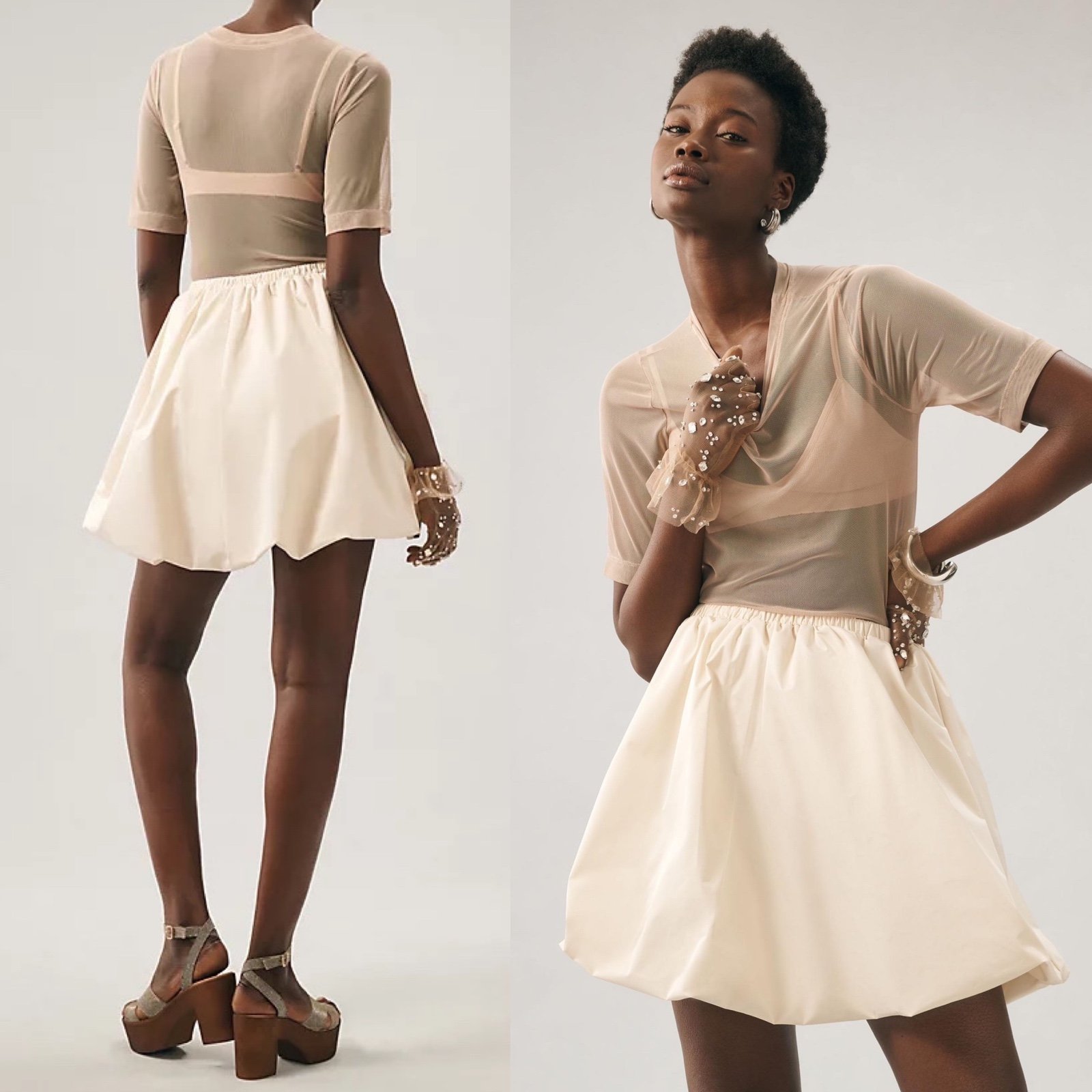 Anthropologie Self Contrast Bubble Elastic Waist Mini Skirt In Ivory