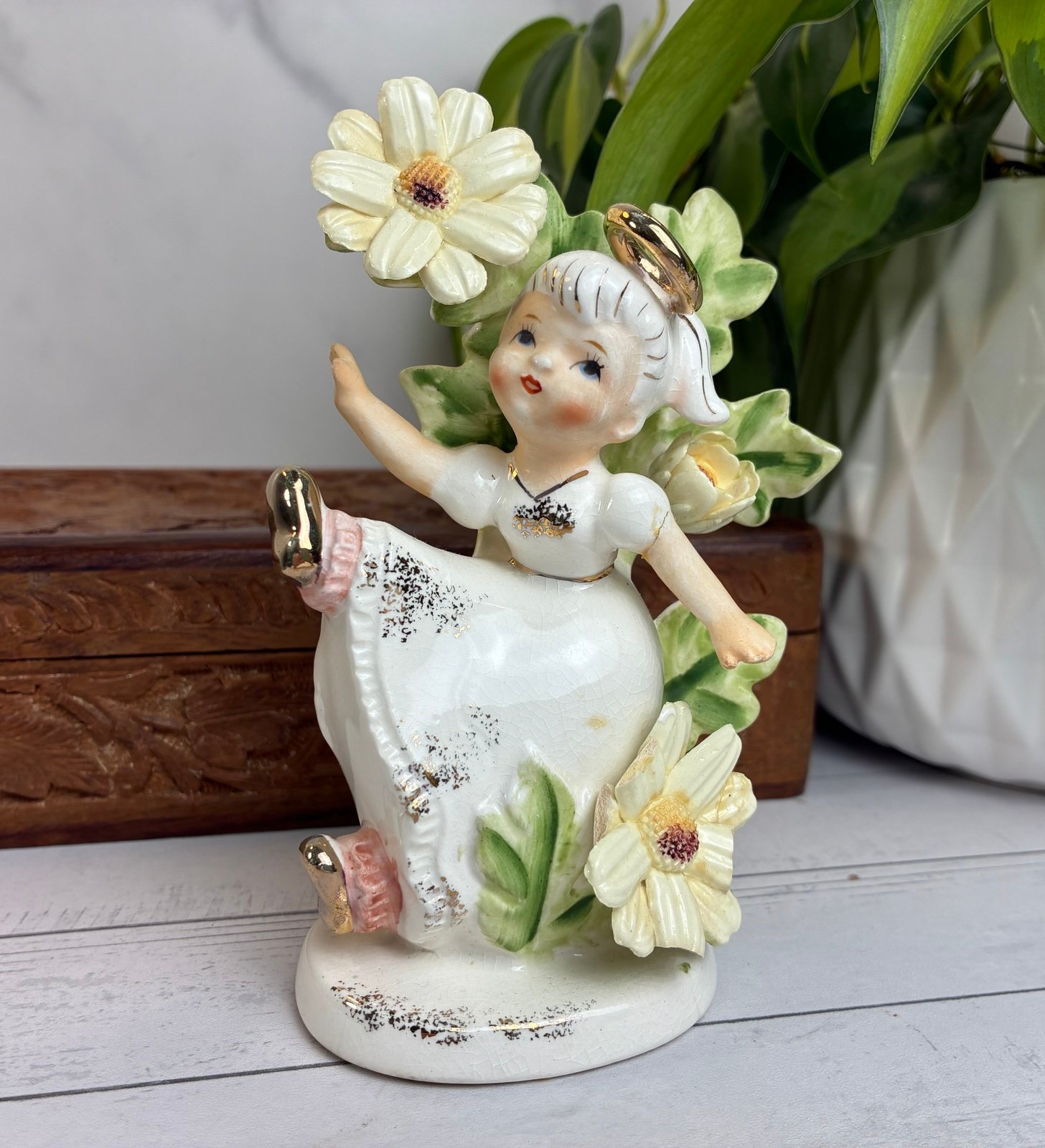 Vintage Lefton Girl of the Month Figurine April Angel Halo w/ Yellow Flowers