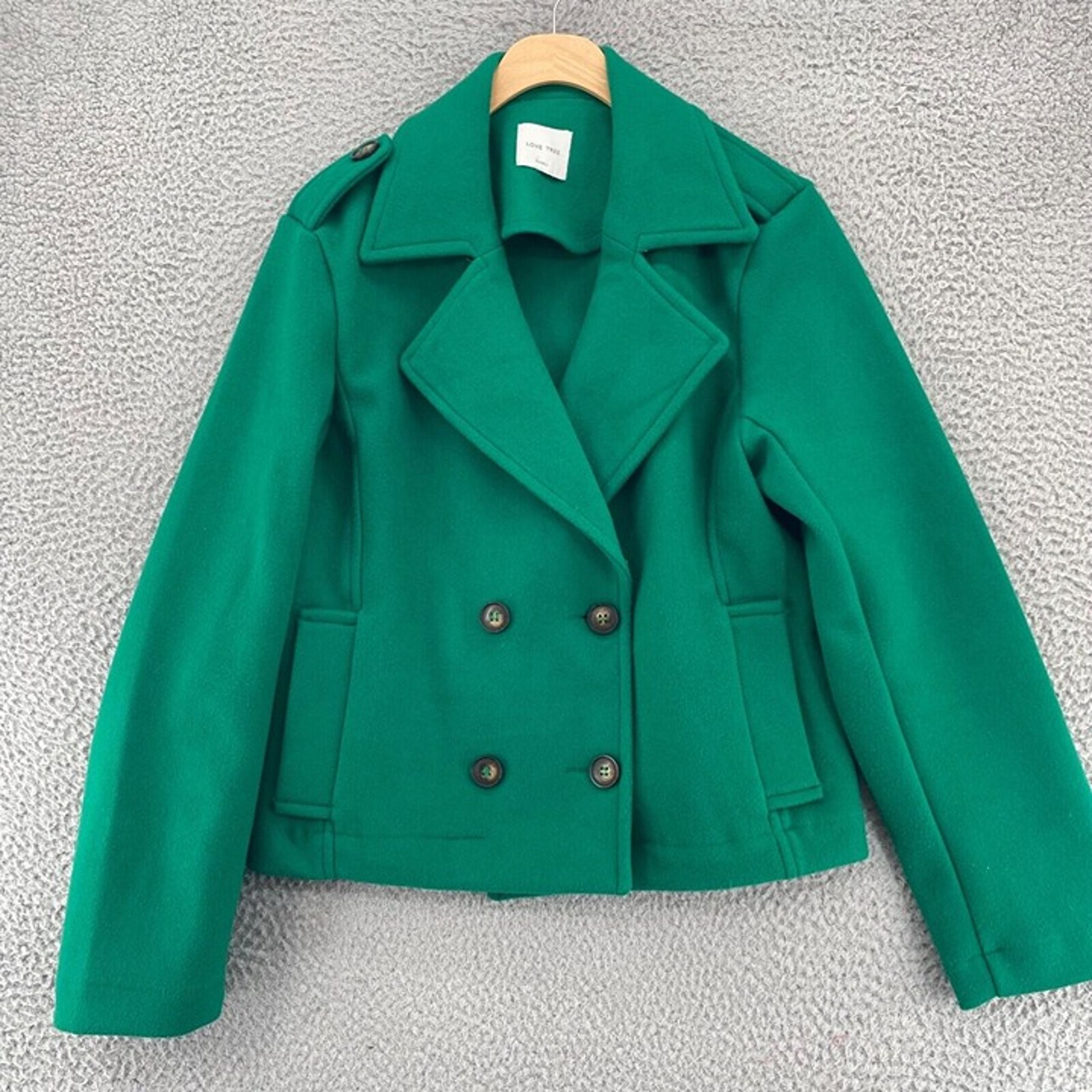Love Tree Coat Womens Small Green Felt Double Breasted Pea Crop Stretch Office