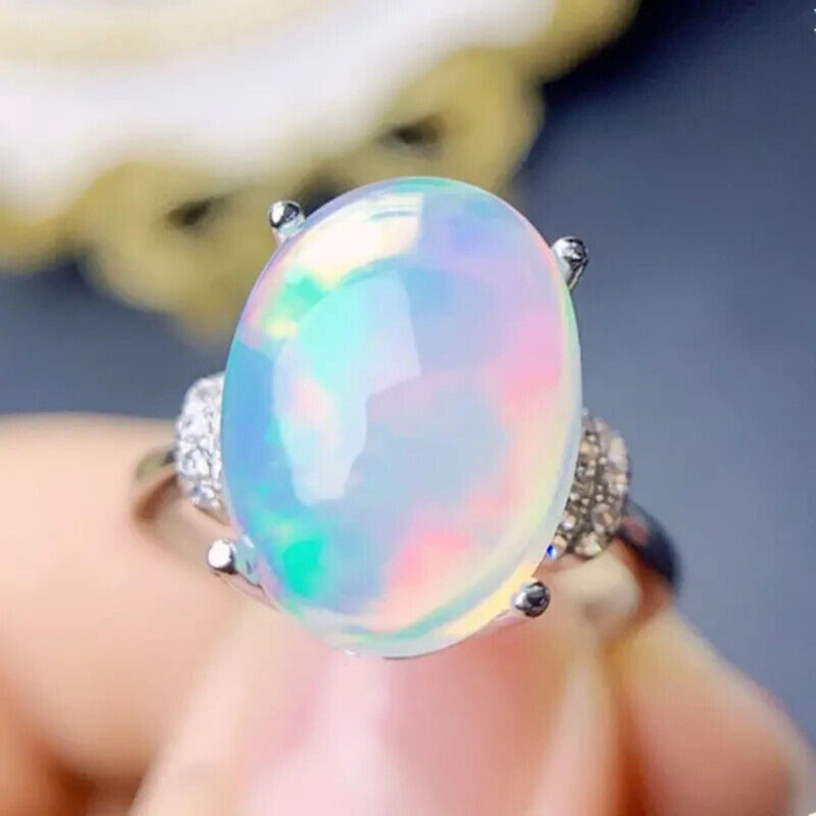 Large Fire Opal Statement Ring 11x15mm, Natural Opal Ring 925 Sterling Silver