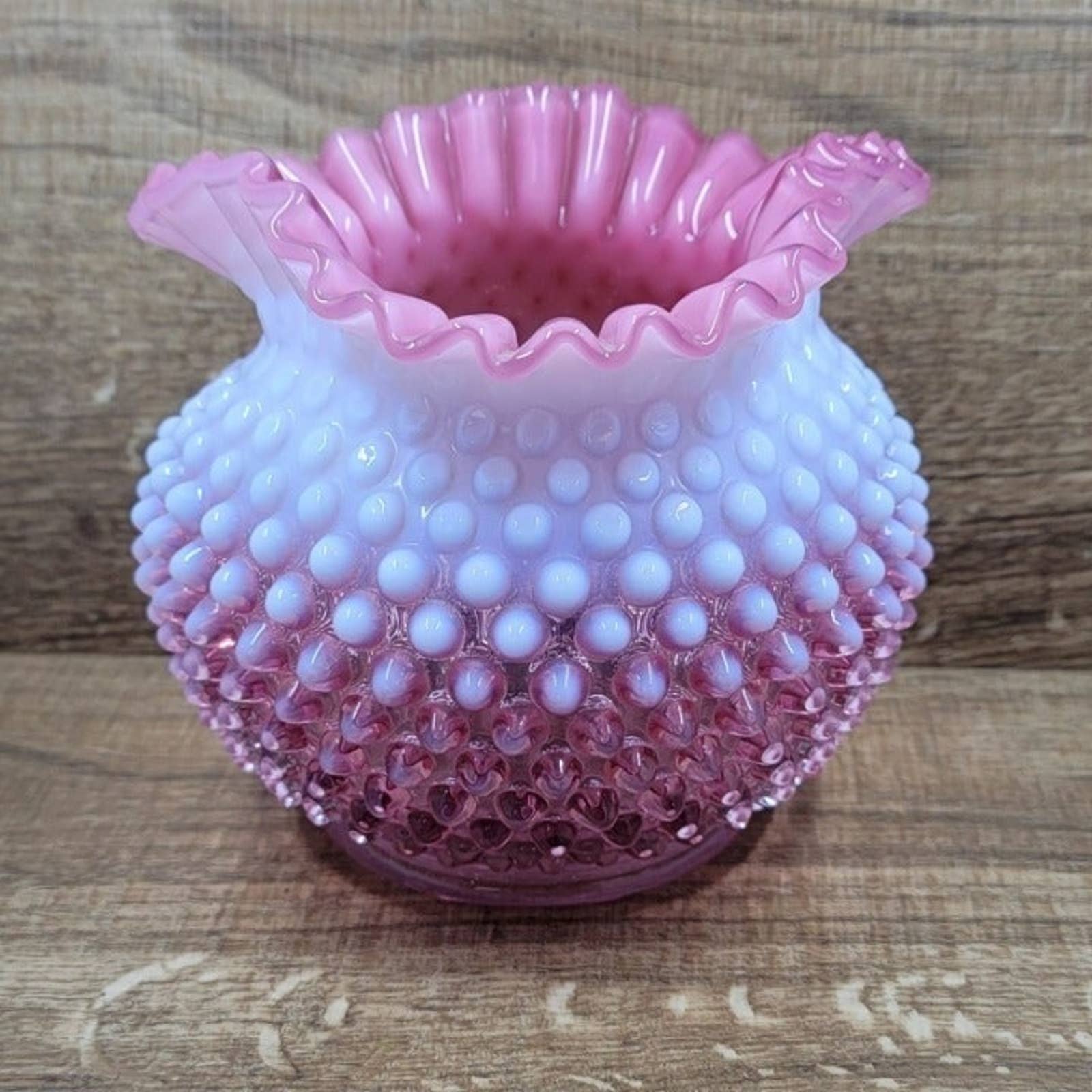Fenton Pink & White Hobnail Ruffled Vase