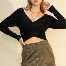 HYFVE WOMENS BLACK RIBBED CROSSOVER CROP TOP SWEATER SZ:S NWT