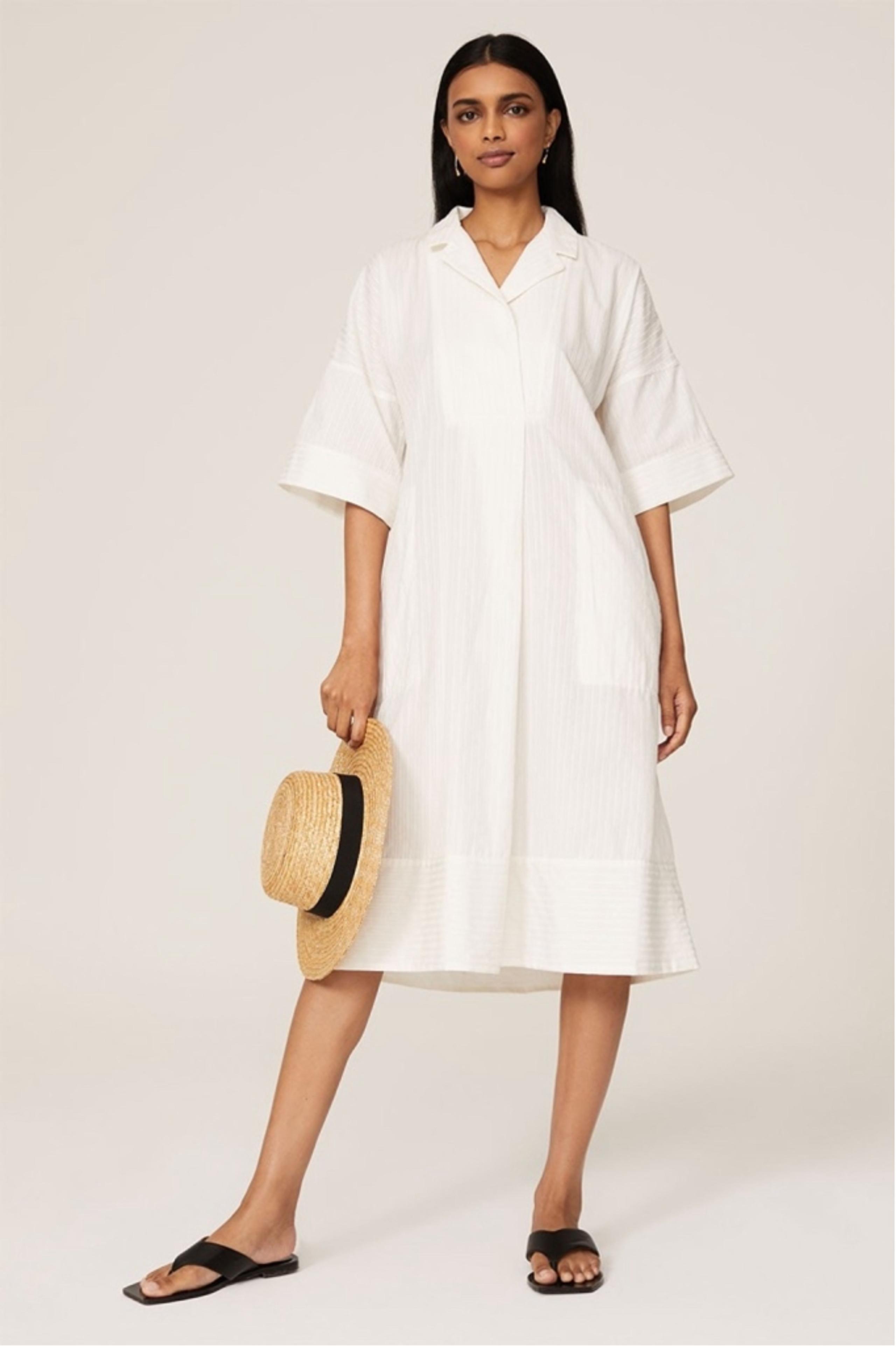 Club Monaco Women's White Short Sleeve Textured Shirt Midi Dress Size M