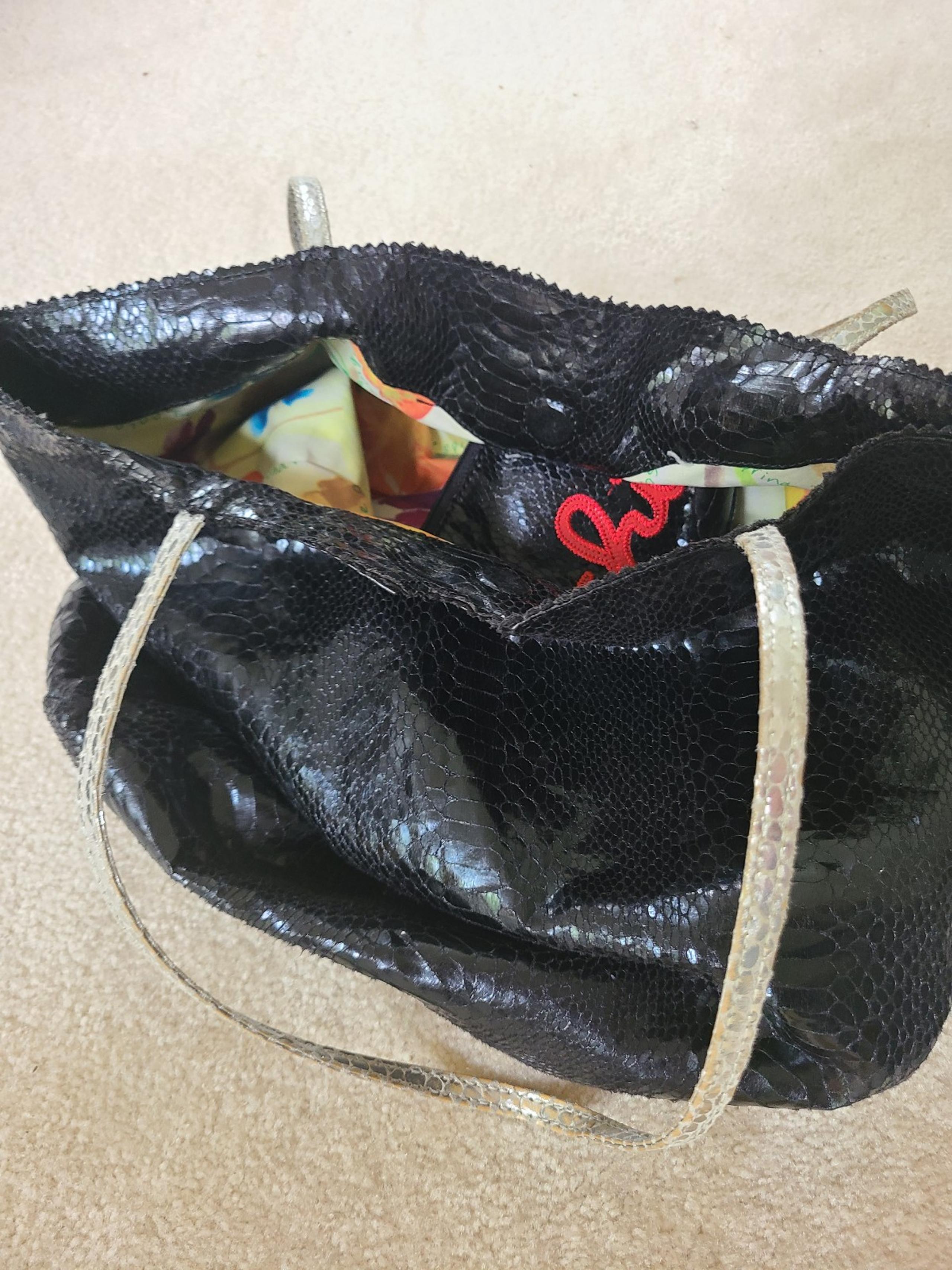 Fatto a Mano By Carlos Falchi Black Snakeskin Leather Print Tote & Faux Snakeski