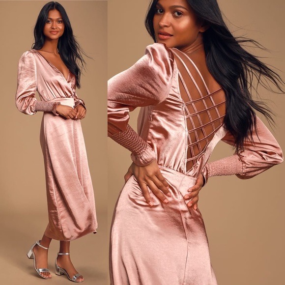 NWT Lulu's Elegant Mauve Pink Satin Silky Blogger Favorite Backless MIDI Dress