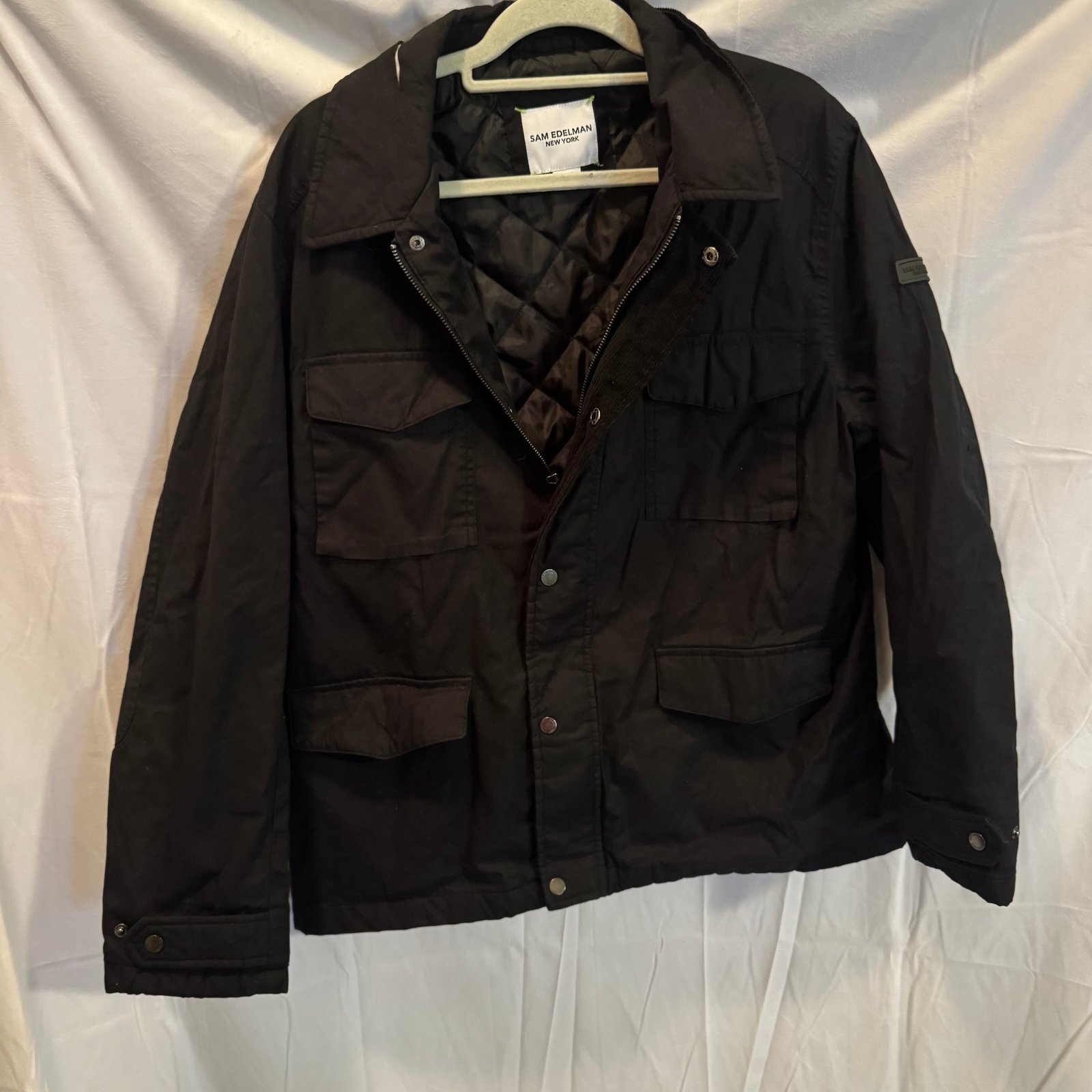 Sam Edelman Men’s Large Waxed Cotton Cargo Field Jacket. Collar has a tear.