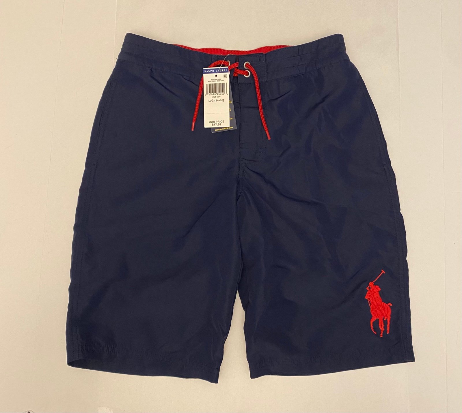 Polo Ralph Lauren Boys Large L 14/16 Swim Trunks Big Pony Navy Blue NWT.