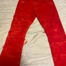 Red stacked jeans