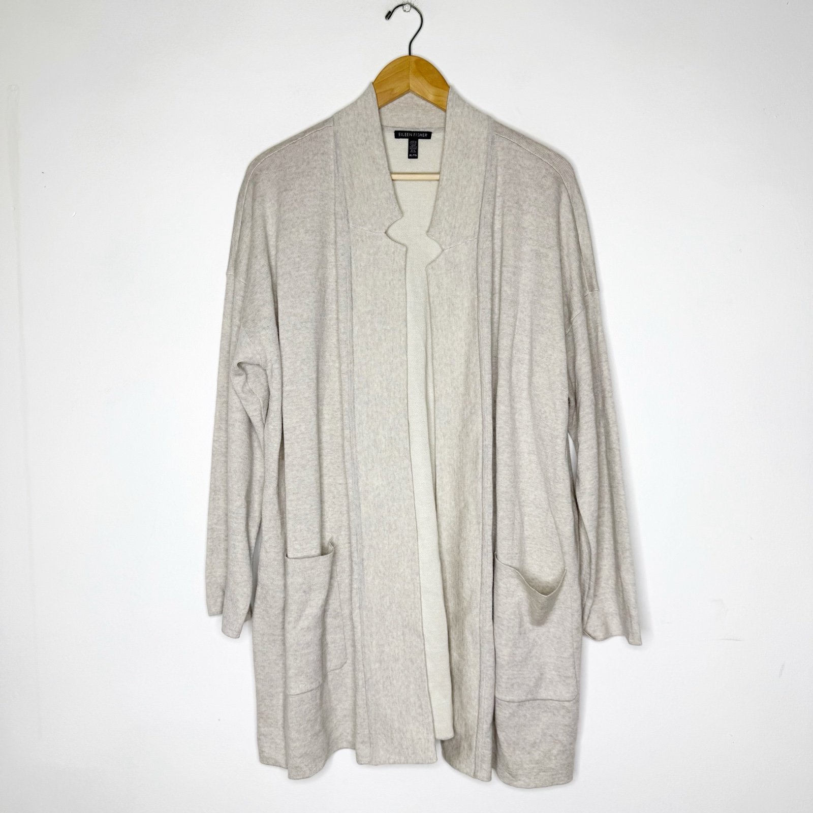 Eileen Fisher Italian Merino Wool Blend Notch Collar Open Cardigan Size XL