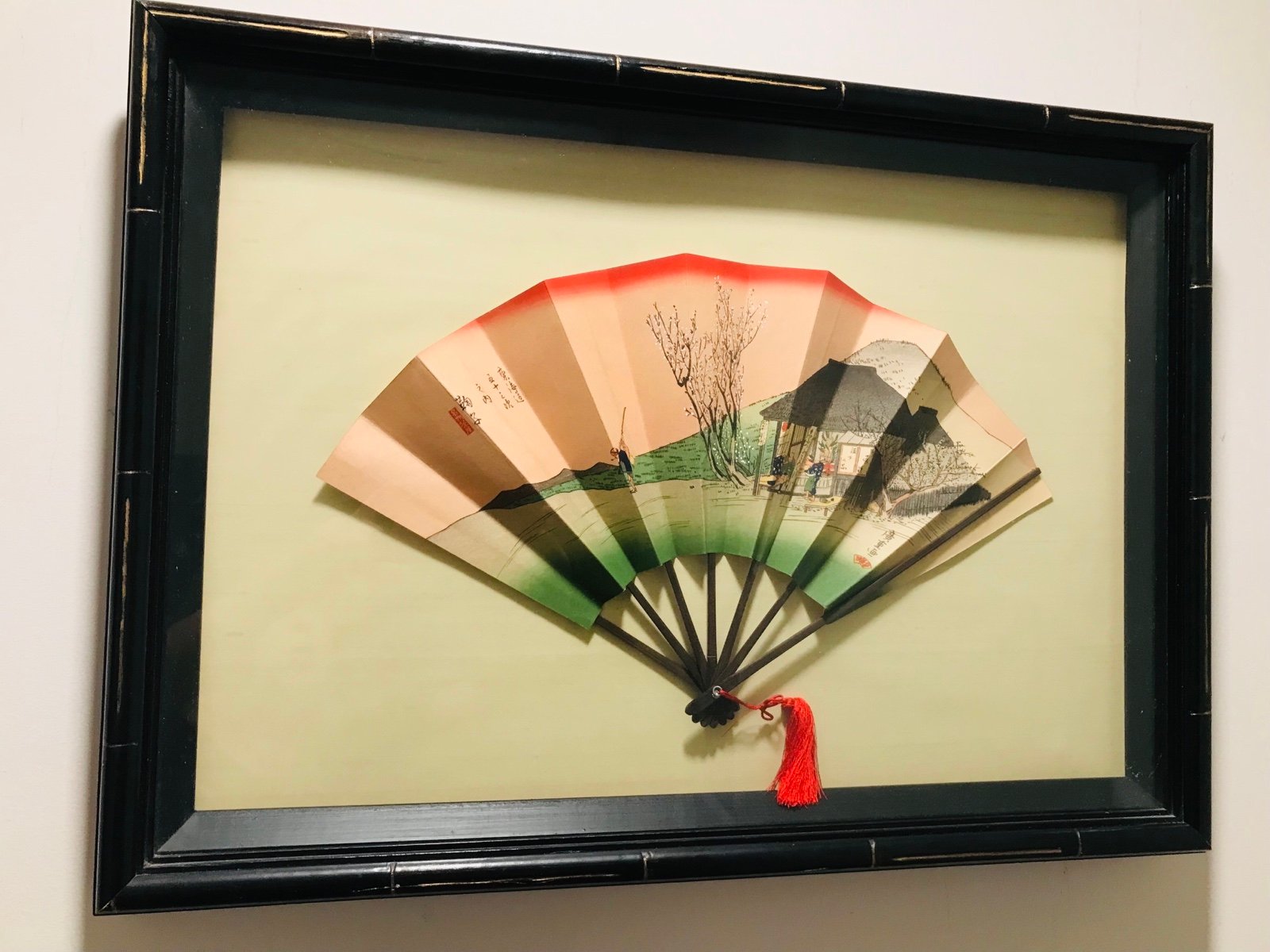 Vintage From 1950’s Japanese Folding Fan Hand Painted “Tea House” Signed Framed.