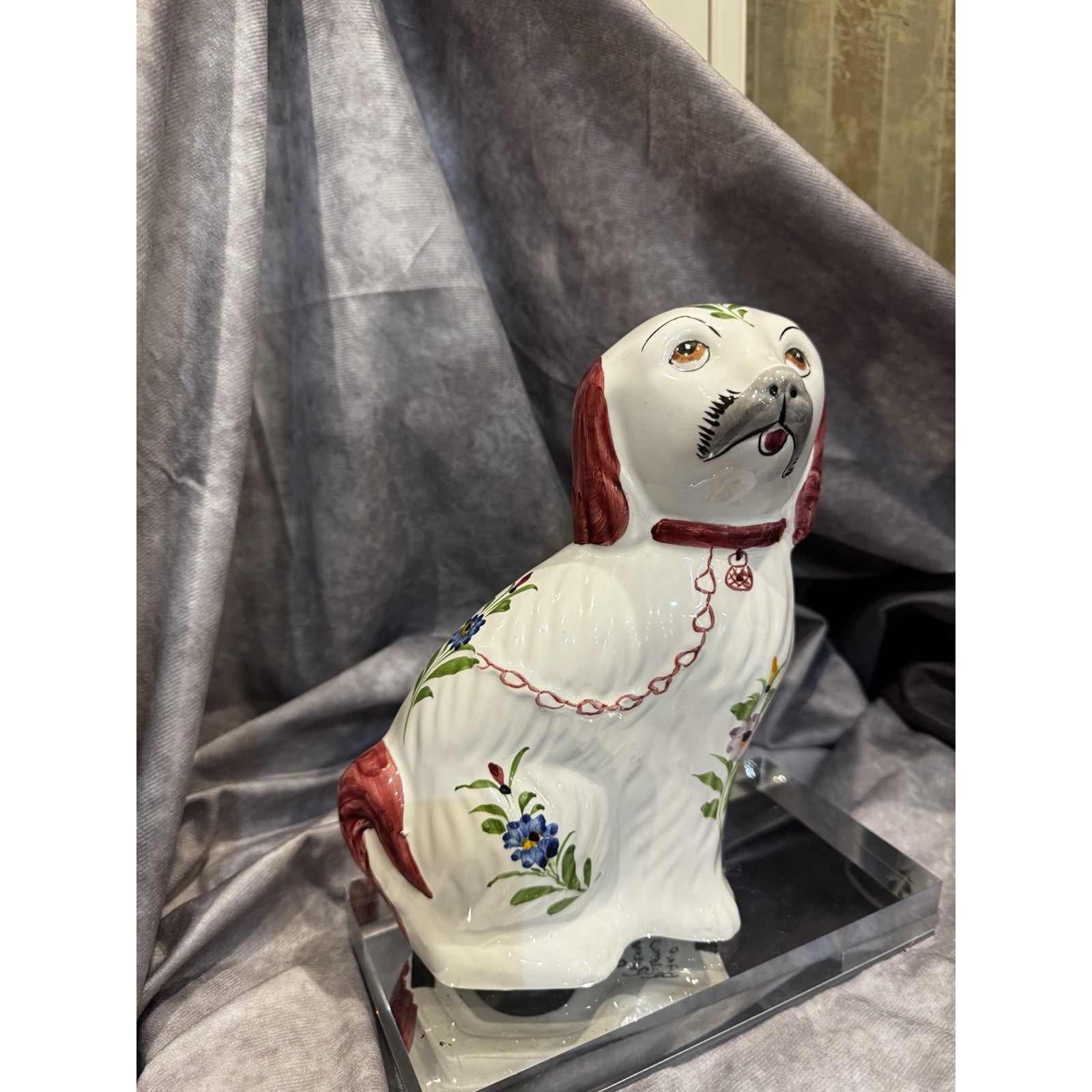 Vintage Dog Floral Staffordshire Style Sculpture Lg Ceramic Figurine Signed