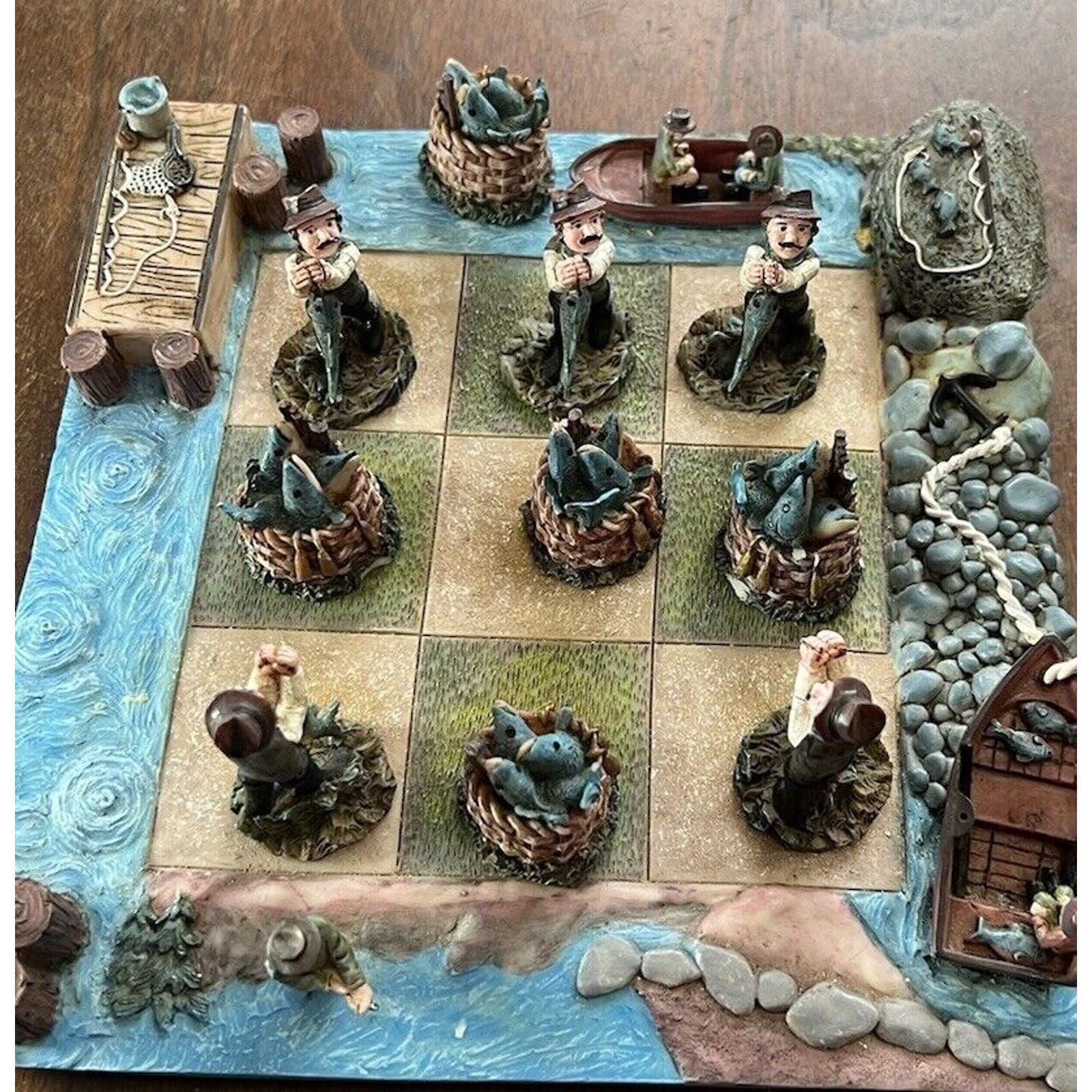 Fisherman's Tic Tac Toe Board Game Wood Pieces Vintage? - Super Detailed Rare