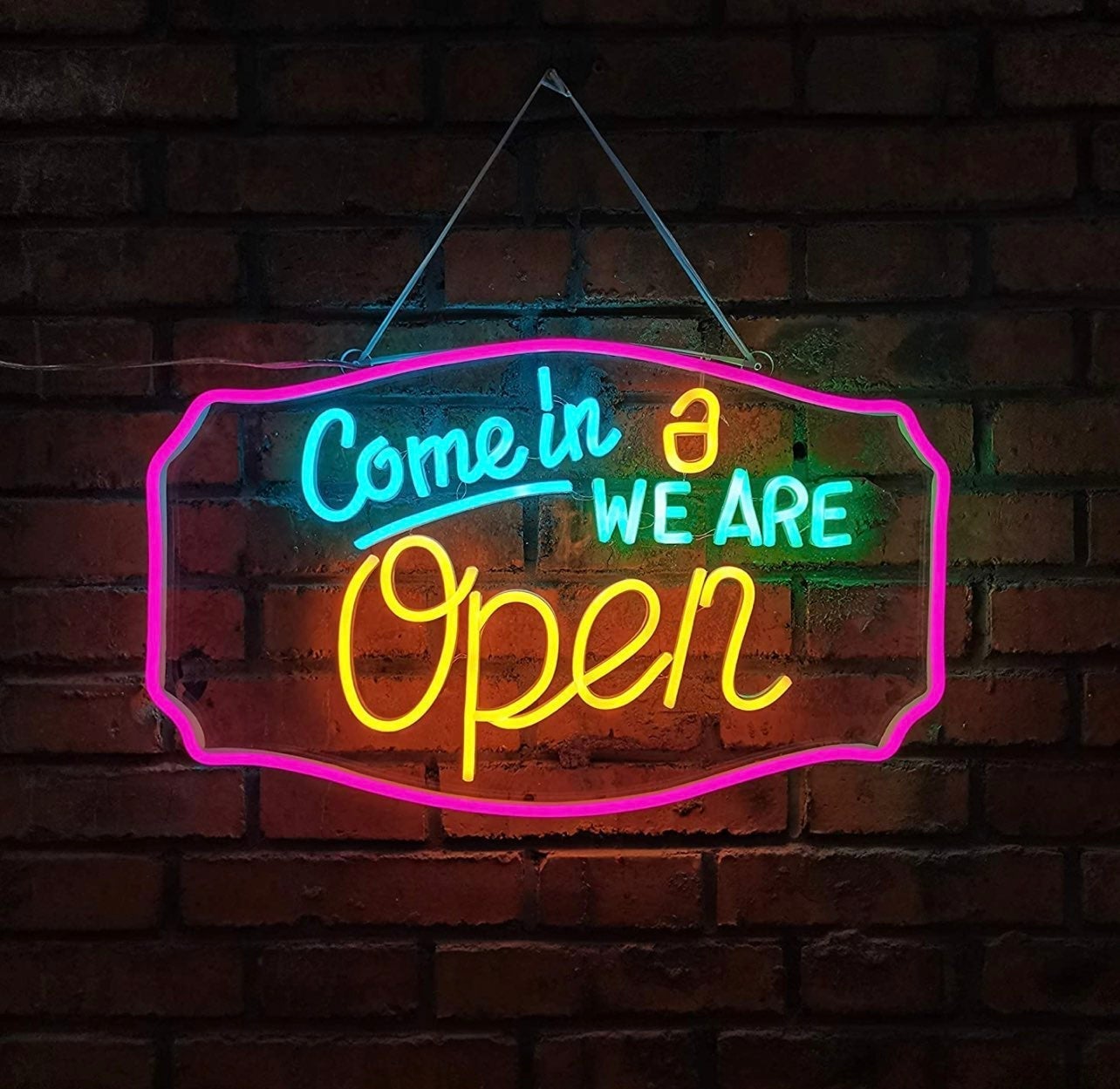 Bright Pink, Yellow and Blue Open Sign