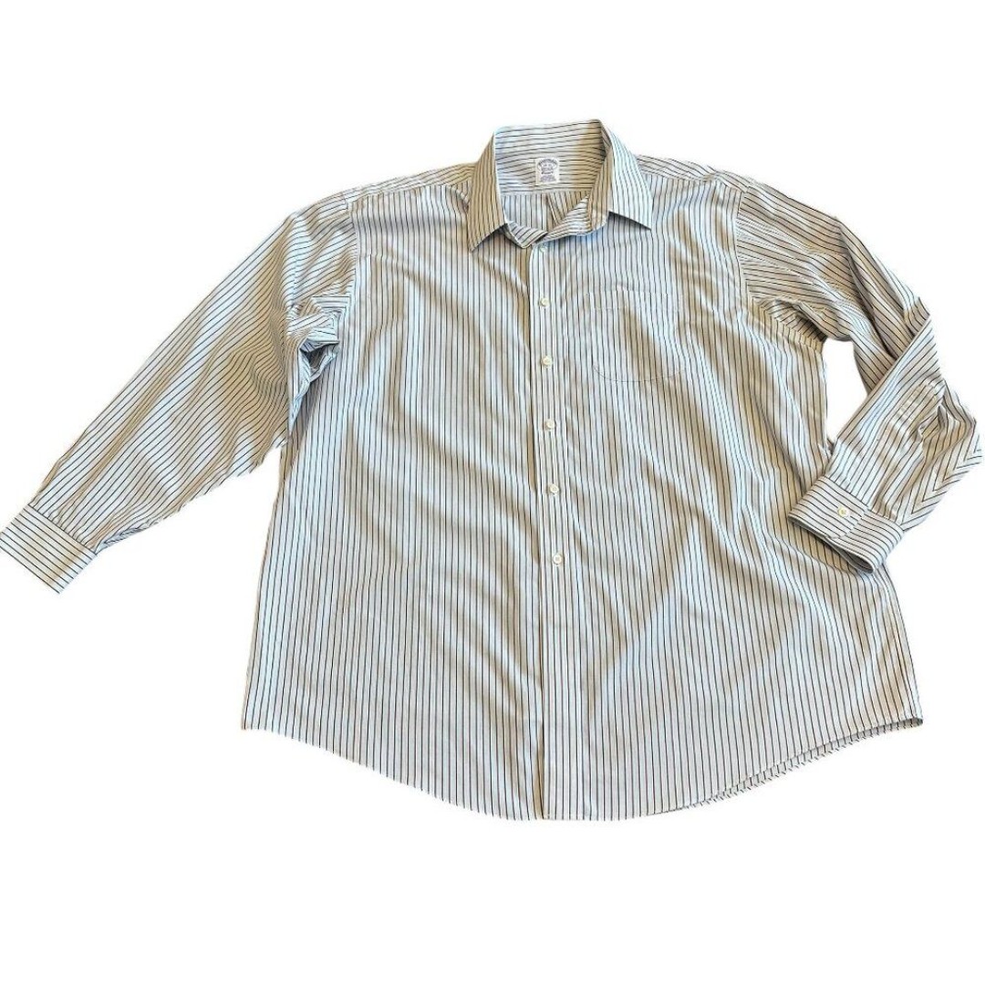 Brooks Brothers Classic Blue Brown Stripe Button-Down Dress Shirt Size 18 35