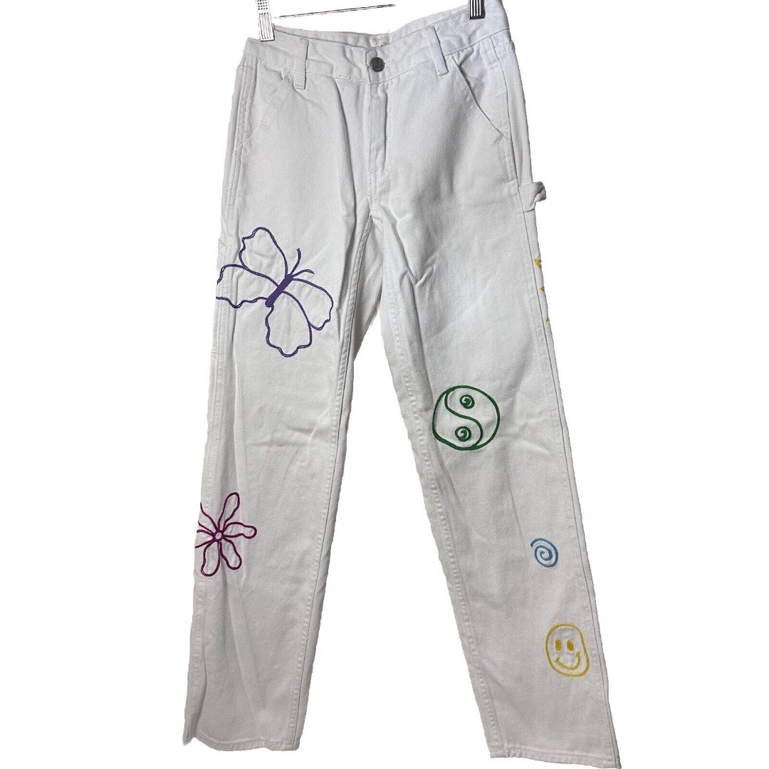 PACSUN Jeans Carpenter Low Rise Pants White Embroidered Skater Indie EMO 23