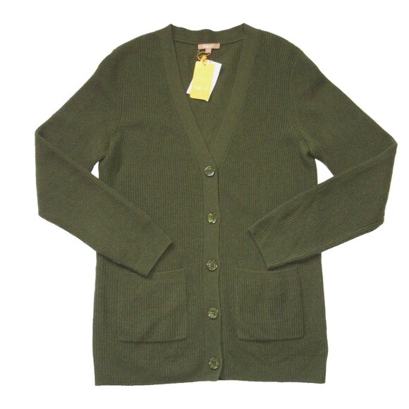 NWT Kier + J V-neck Ribbed Cardigan in Green Cashmere Sweater L 348