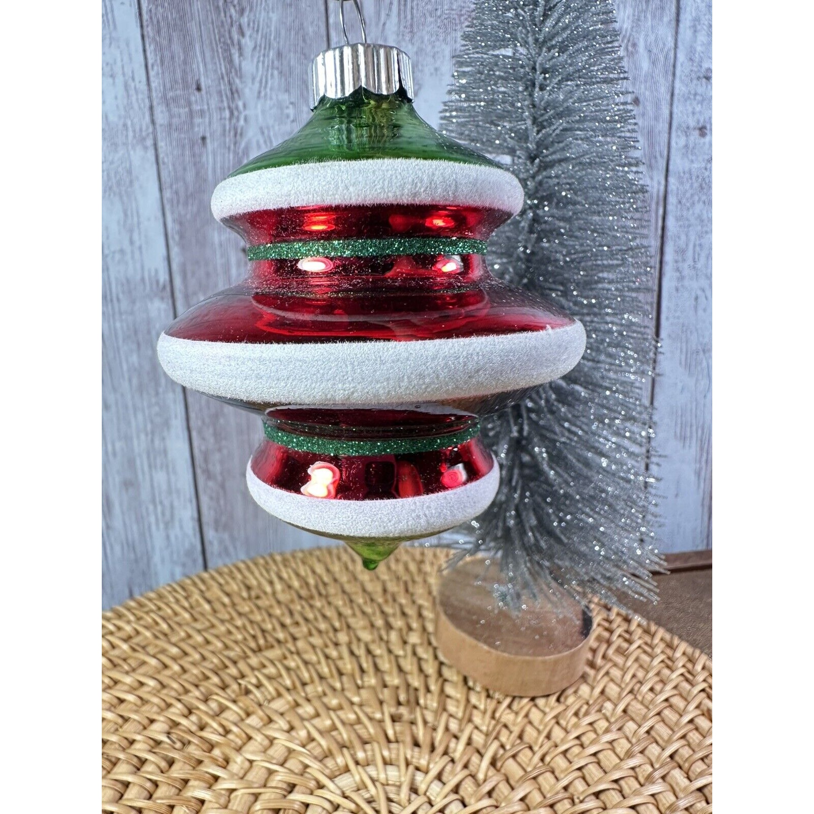 Vintage Radko Shiny Brite UFO Torpedo Top Mercury Glass Red Ornament 3.5