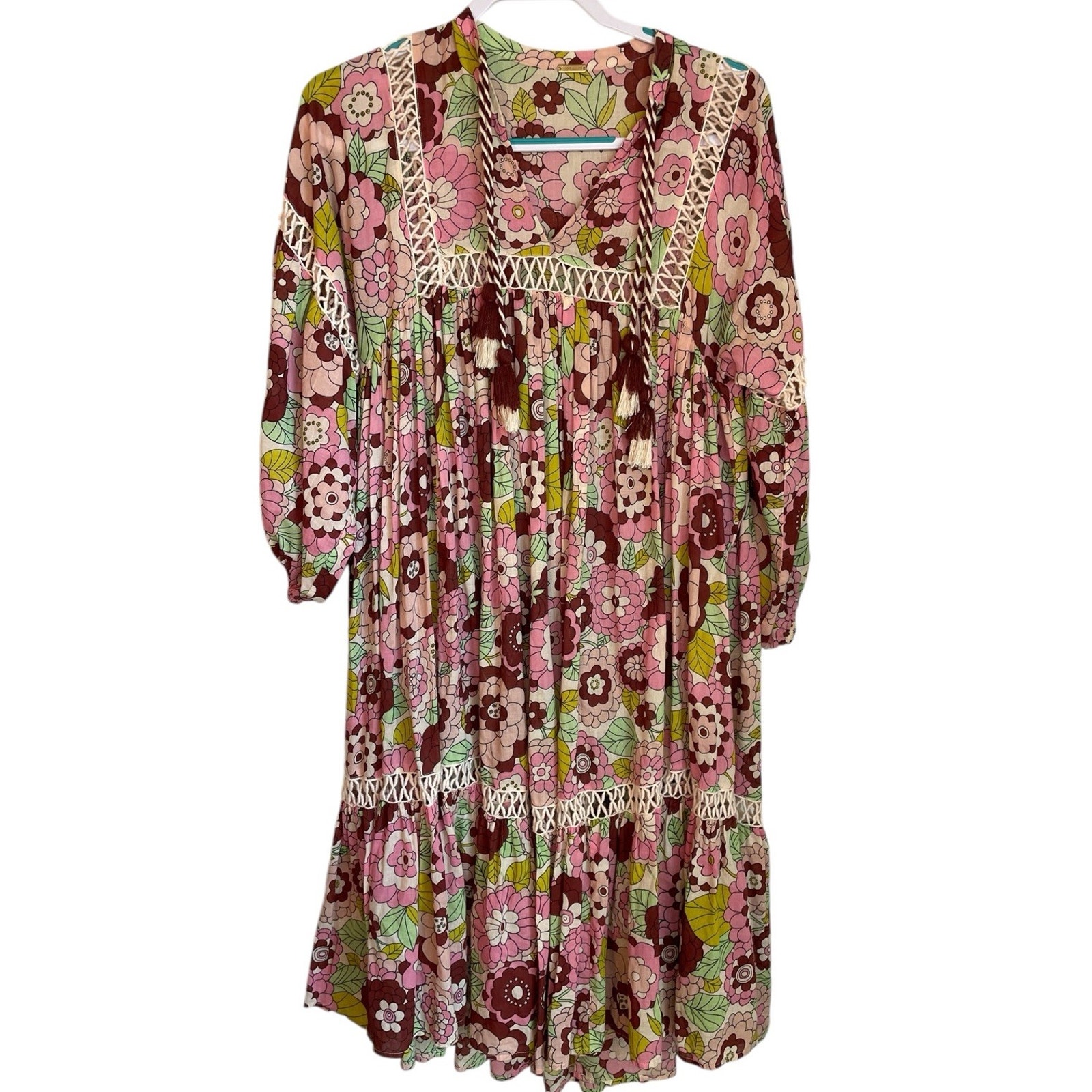 Dodo Bar Or Cotton A-Line Midi Dress Pink Floral Size S Boho Beach Vacation