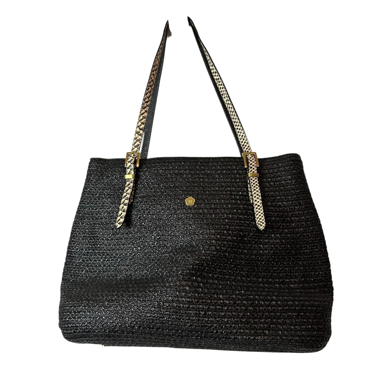 Eric Javitz women’s black straw tote bag with leather handles