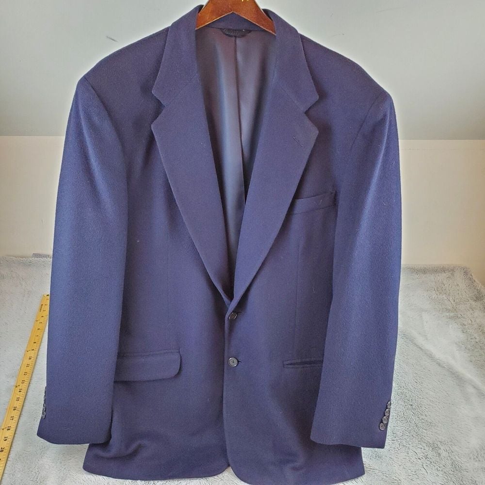 Club Room Sport Coat Camel Mens Sz 44 Navy Blue Long Jacket Blazer Vintage 80's