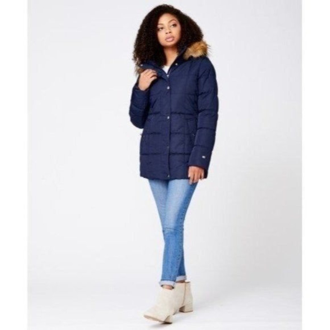 Tommy Hilfiger Navy Blue Faux Fur Hood Puffer Parka Coat S