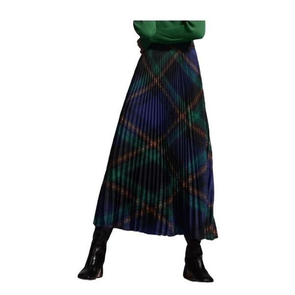 Anthropologie Maeve Isobel Maxi Skirt Navy Blue Green Tartan Plaid Silky Pleated