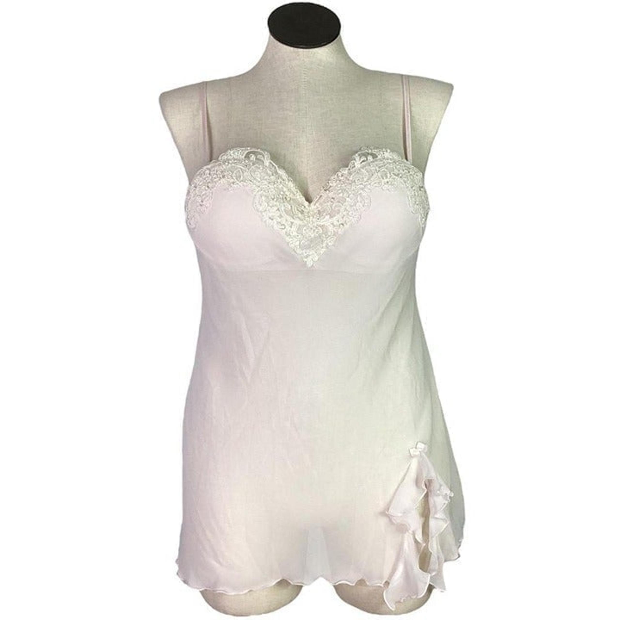 Linea Donatella Womens L Sheer Babydoll Nightie Pink Beaded Sequined Lace Bride