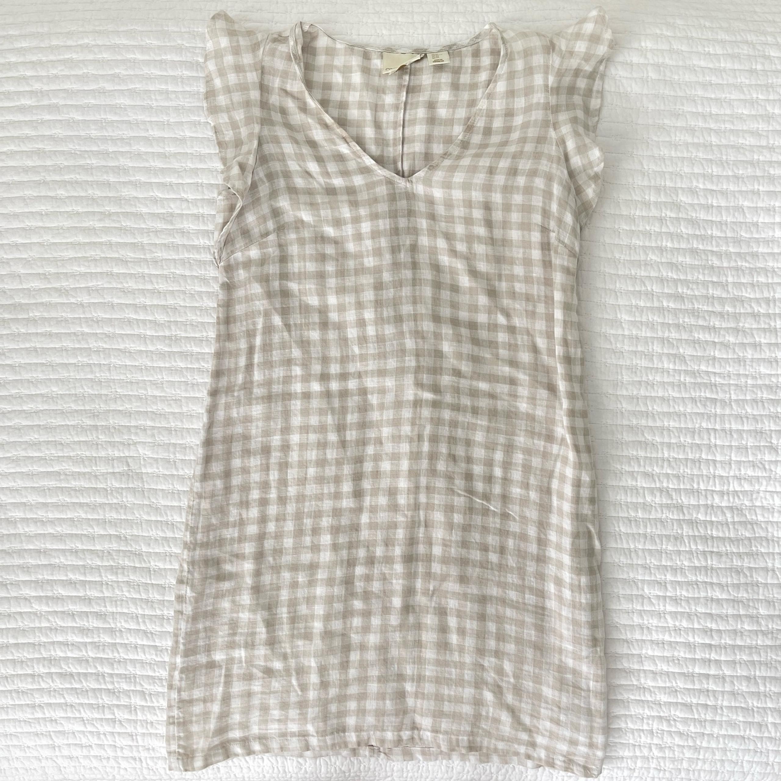 Cynthia Rowley Linen Flutter Sleeve Mini Dress in Tan and White Gingham Check XS