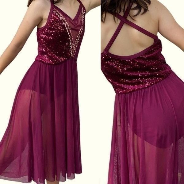 Weissman dance lyrical costume burgundy velvet sequin custom sample XSA adult