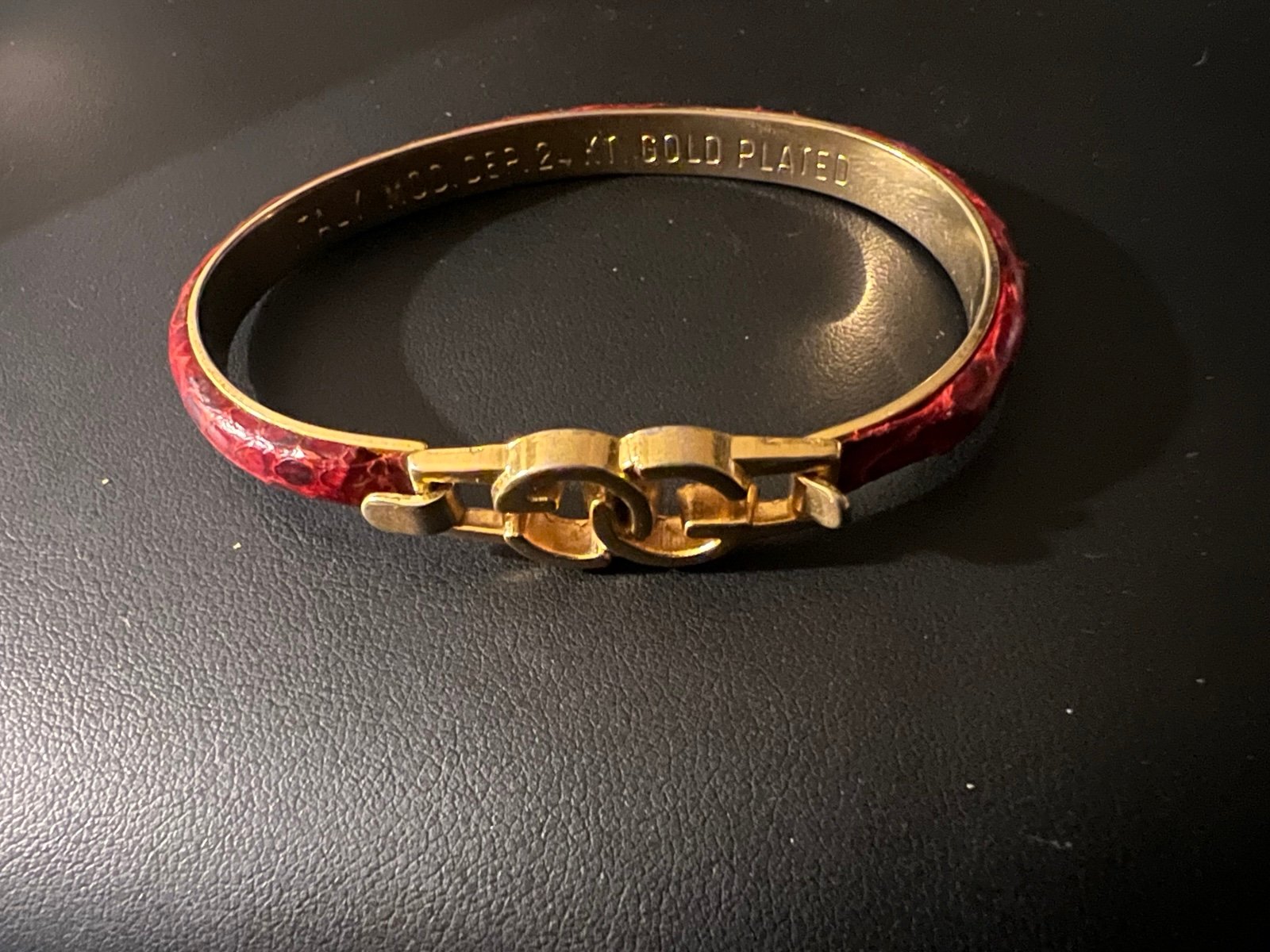 Gucci~Vintage~Limited Edition~GG Italy MOD DEP 24KT Gold Plated Leather Bracelet