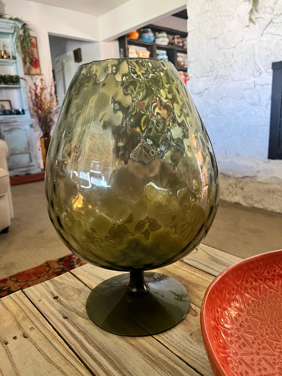 Huge Vintage Empoli Olive Green Italian Art Glass Mid Century Bowl Beautiful