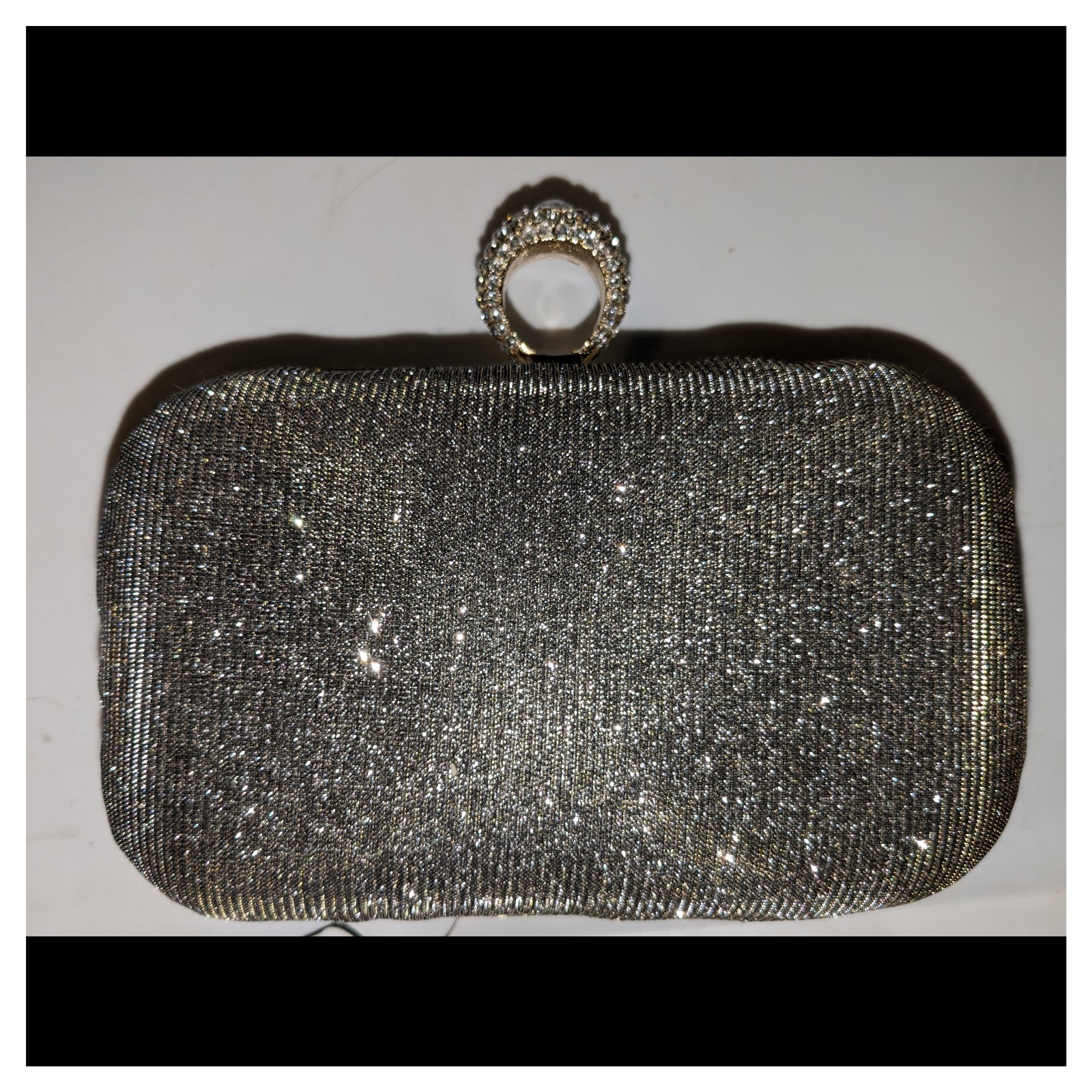 Sparkly Clutch Purse Rhinestone Ring Closure Box Faux Gold Chain Shoulder Strap