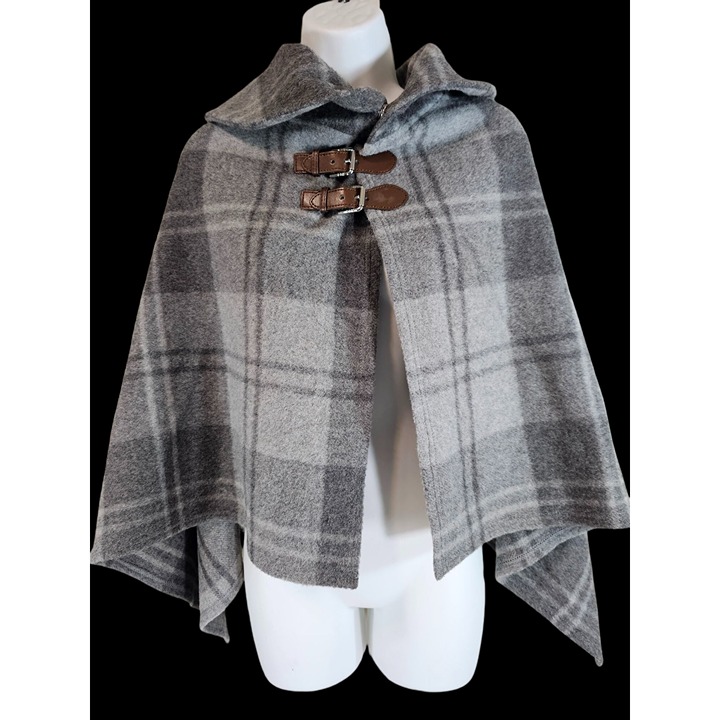 Lauren Ralph Lauren Poncho Cape Wool with Brown Leather Buckles Gray Plaid OSFA