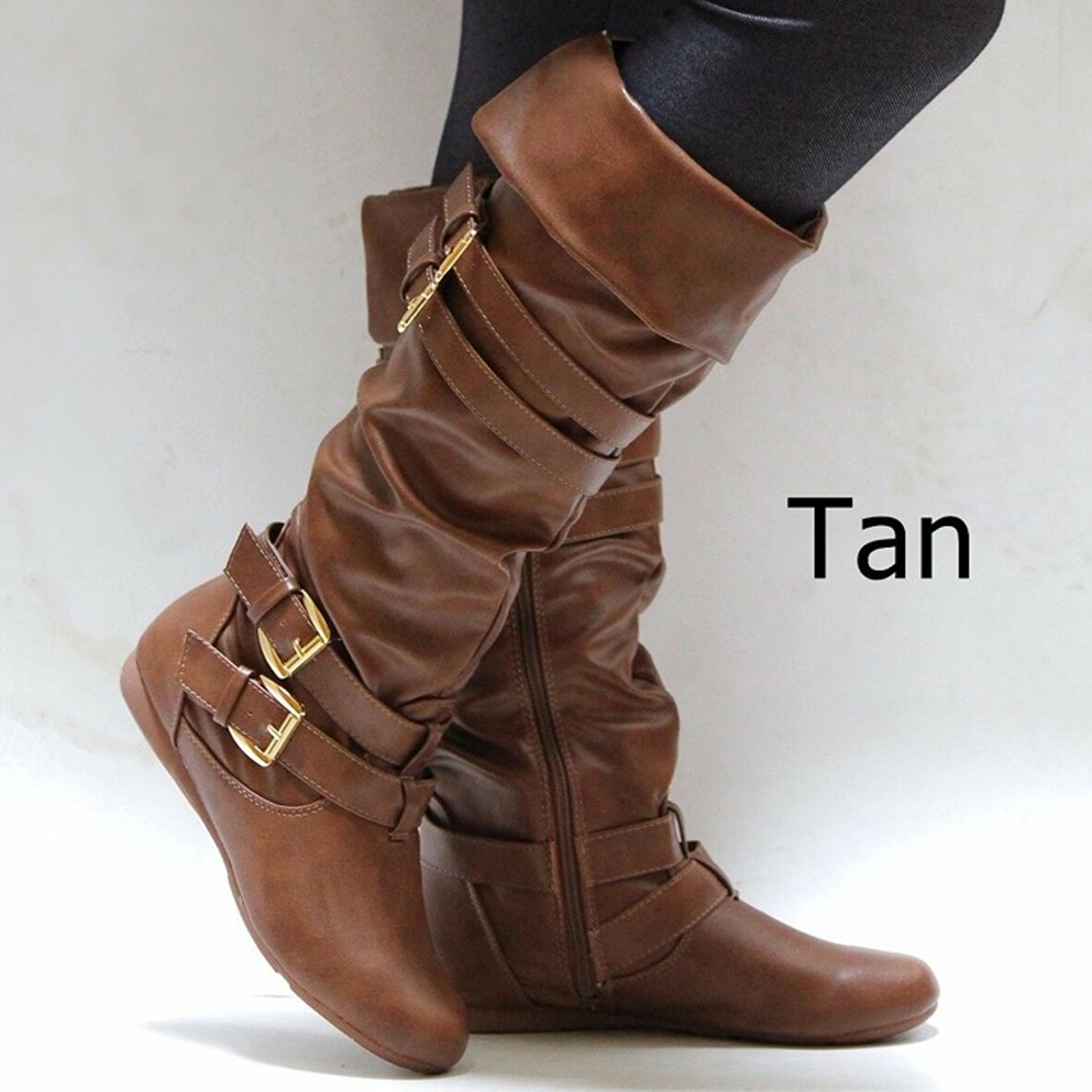 New Tan Buckle Slouchy Knee High Riding Boots Size 6.5